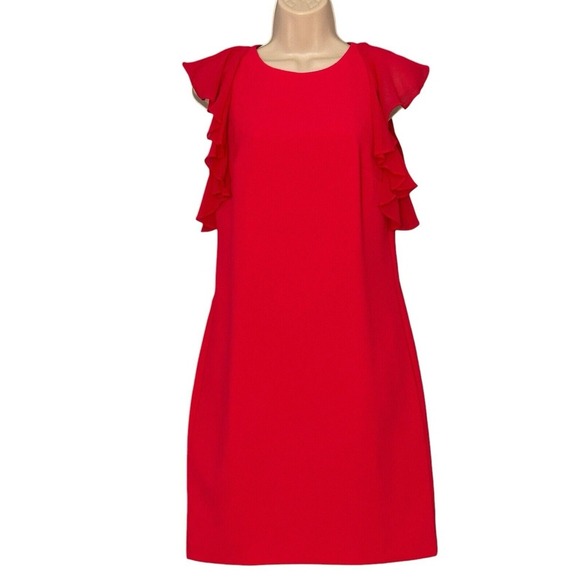 Trina Turk Women Dress 0 Watermelon Red Sheath Sheer Flutter Classic Girly Party - Picture 2 of 16